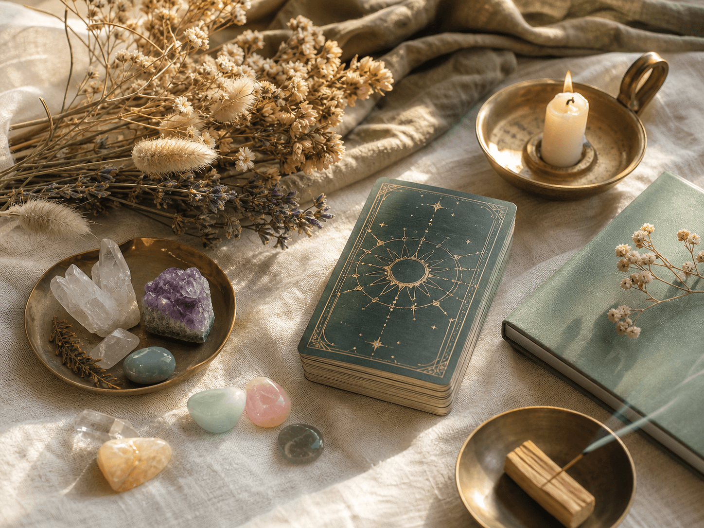 Warm home ritual objects with candlelight and natural textures